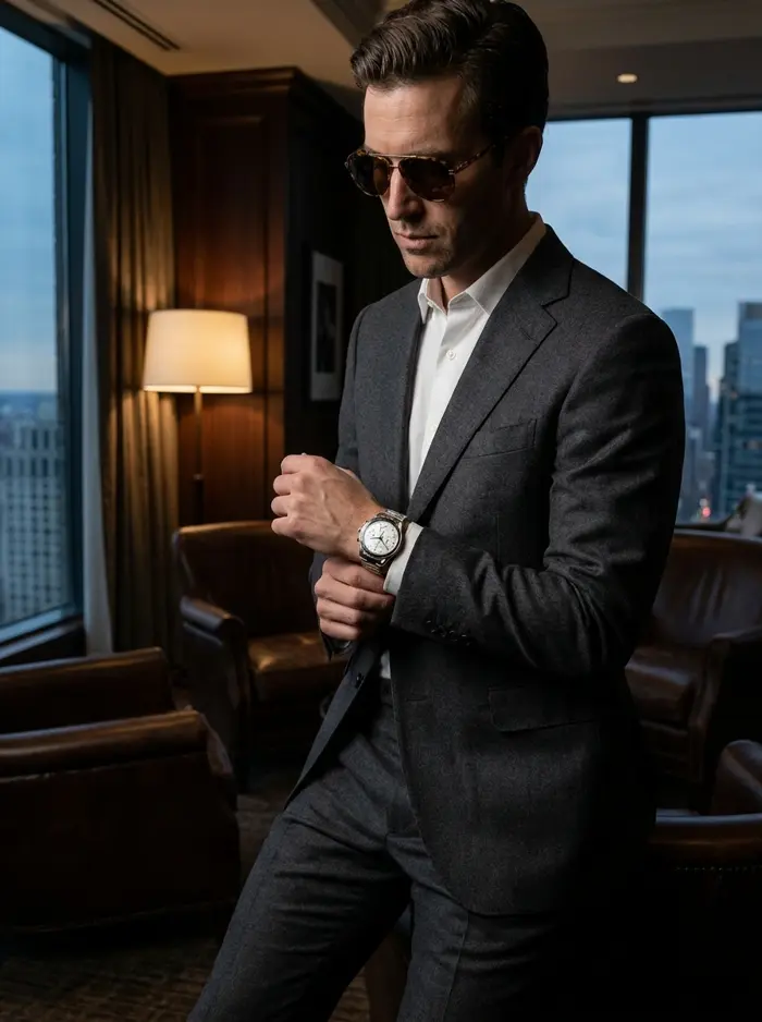 Homme en costume noir avec une montre KASEOUI